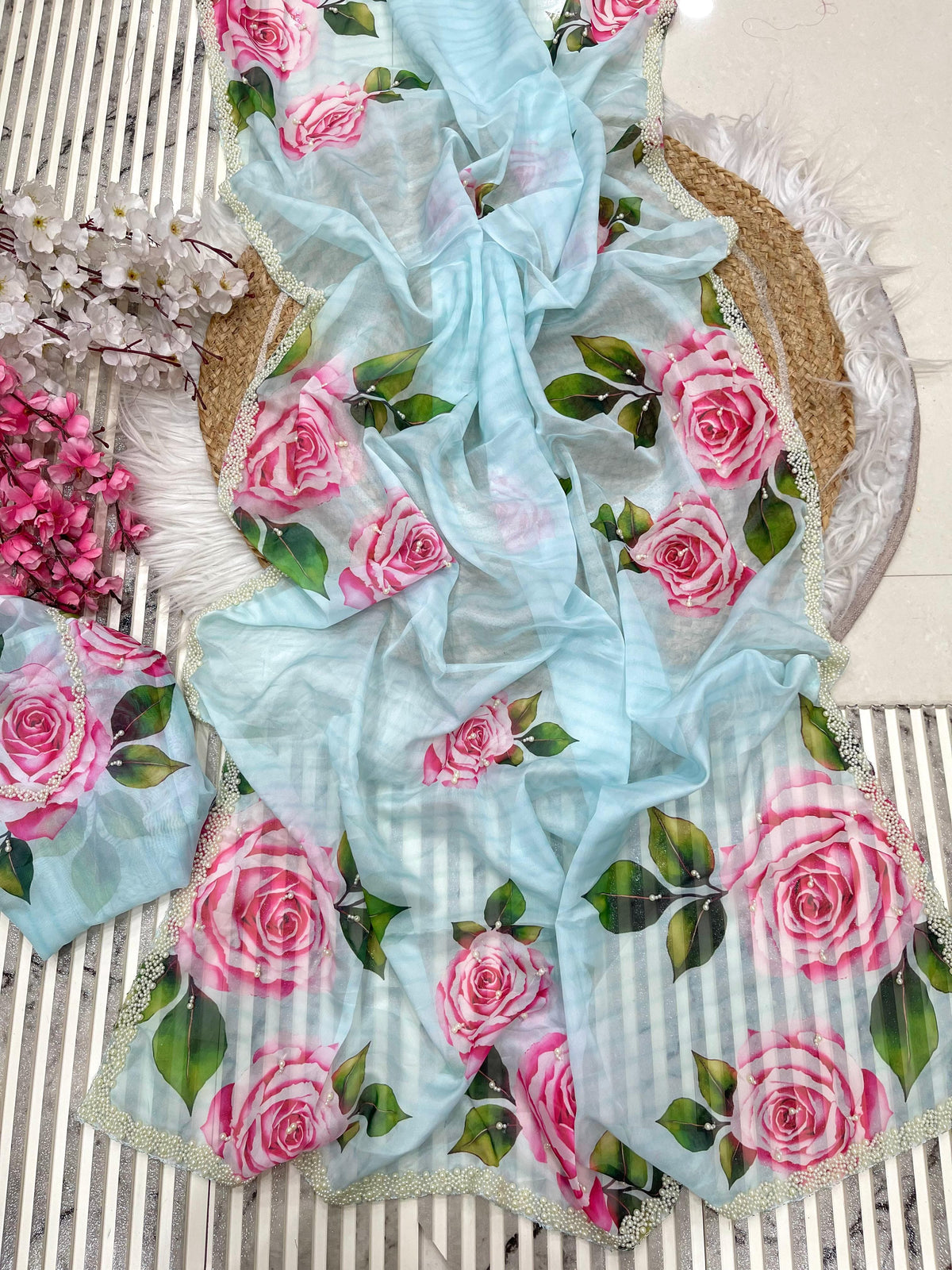 Pure Soft Organza Teby Silk Saree with Floral Prints & Khatli Handwork Border