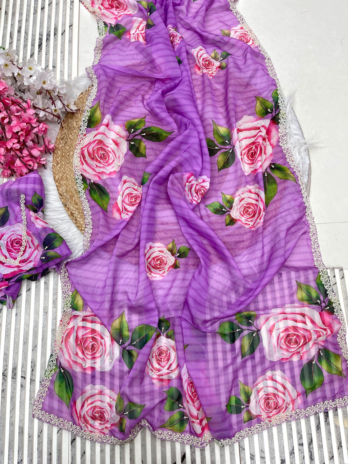 Pure Soft Organza Teby Silk Saree with Floral Prints & Khatli Handwork Border