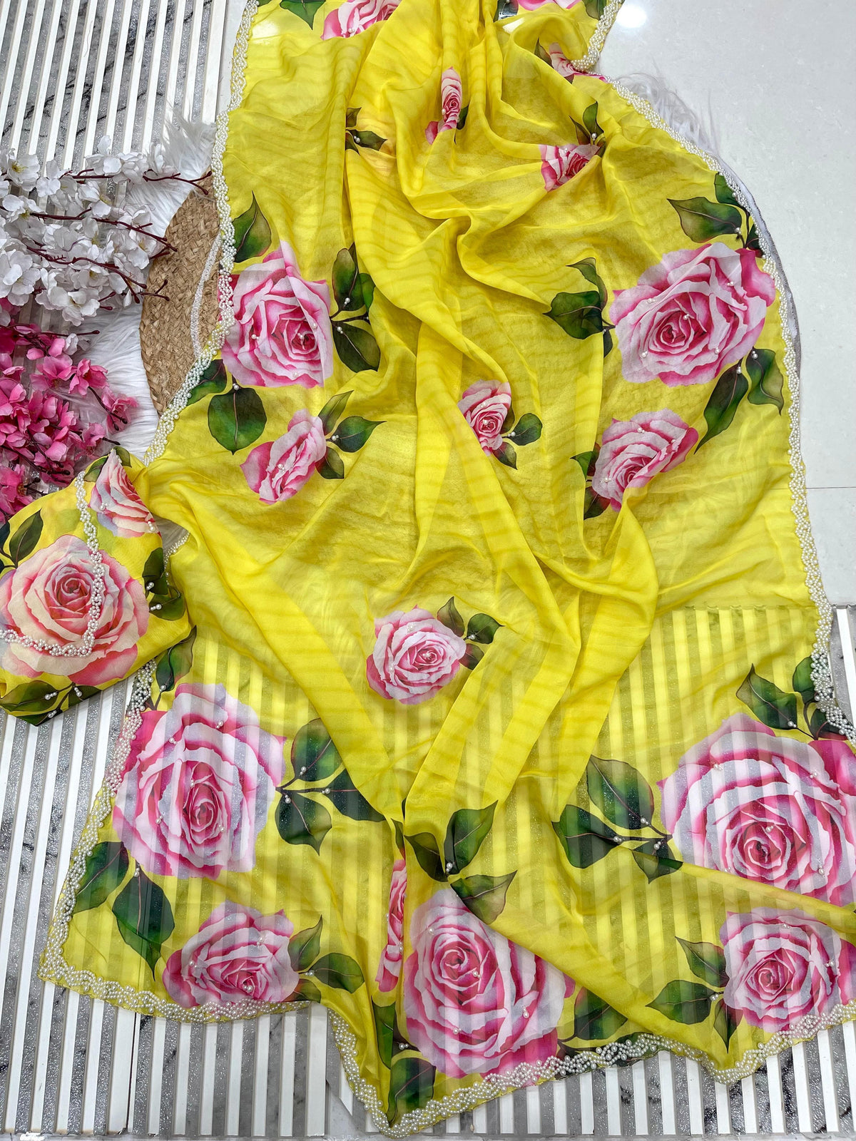 Pure Soft Organza Teby Silk Saree with Floral Prints & Khatli Handwork Border