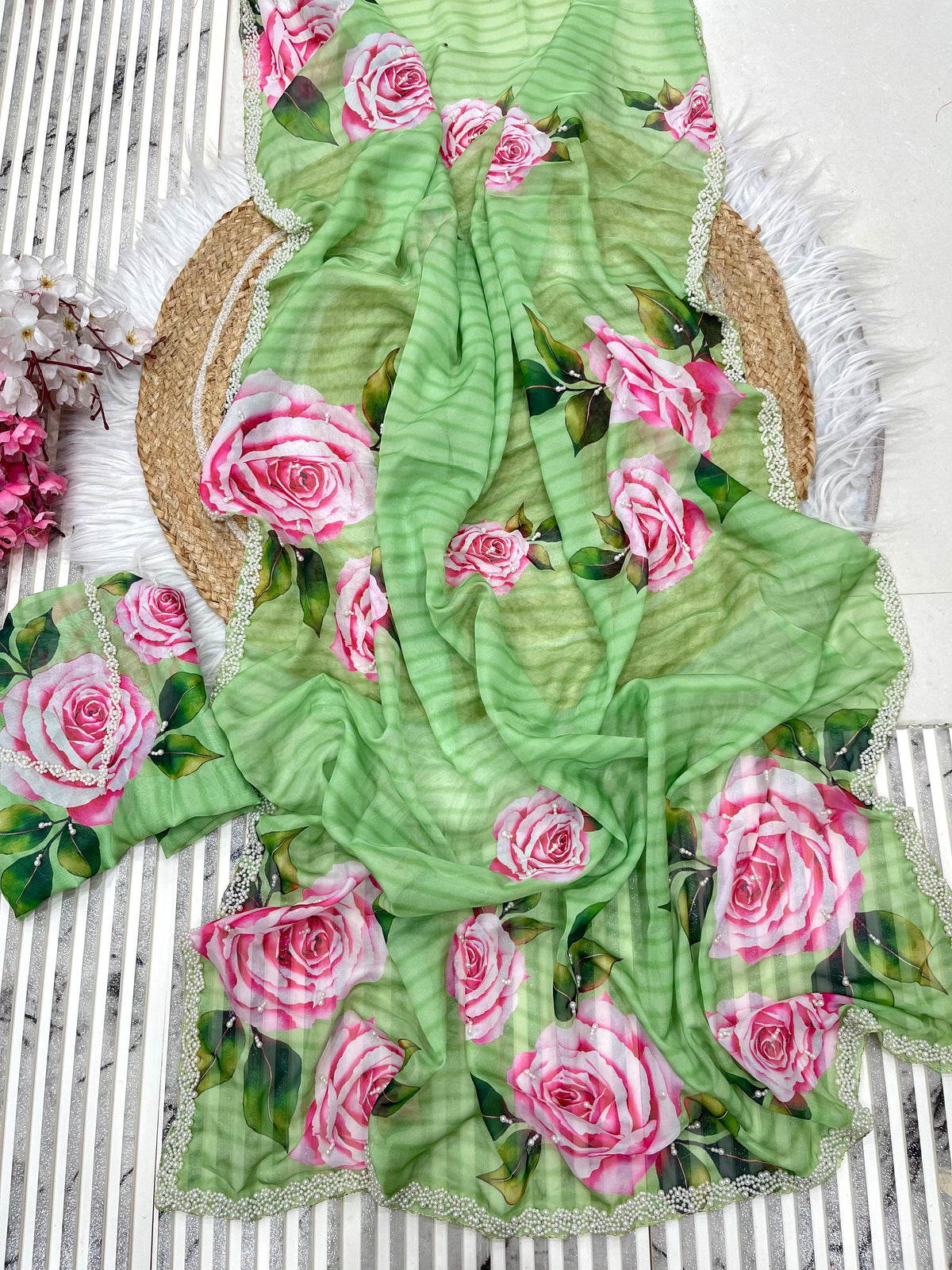 Pure Soft Organza Teby Silk Saree with Floral Prints & Khatli Handwork Border