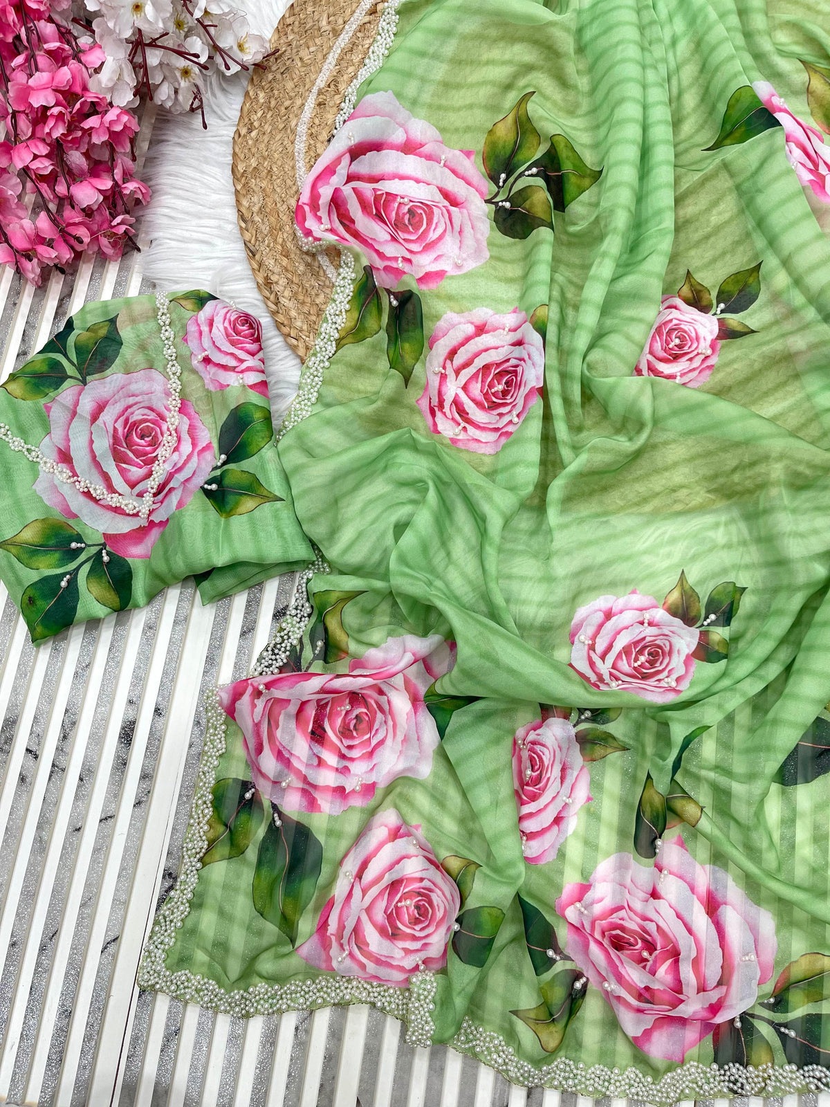 Pure Soft Organza Teby Silk Saree with Floral Prints & Khatli Handwork Border