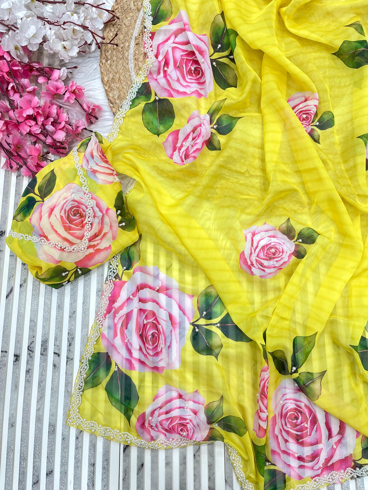 Pure Soft Organza Teby Silk Saree with Floral Prints & Khatli Handwork Border