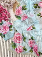 Pure Soft Organza Teby Silk Saree with Floral Prints & Khatli Handwork Border
