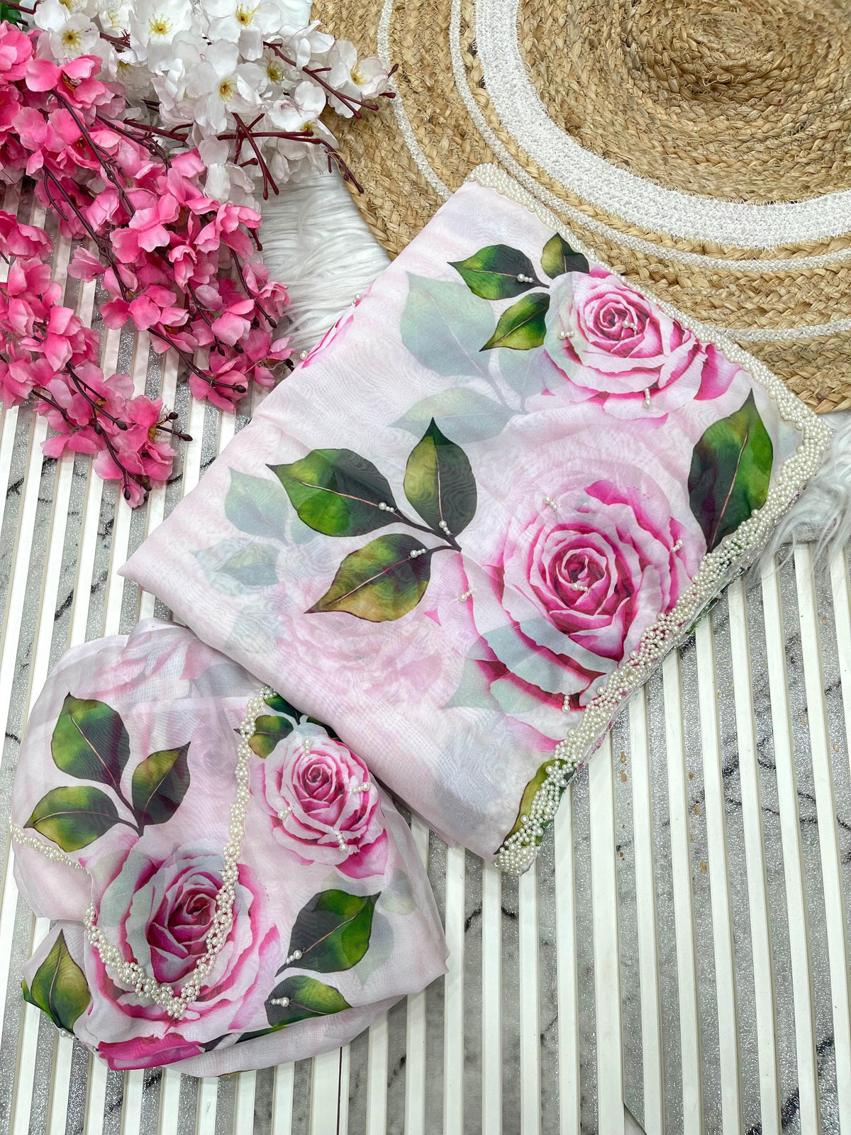 Pure Soft Organza Teby Silk Saree with Floral Prints & Khatli Handwork Border