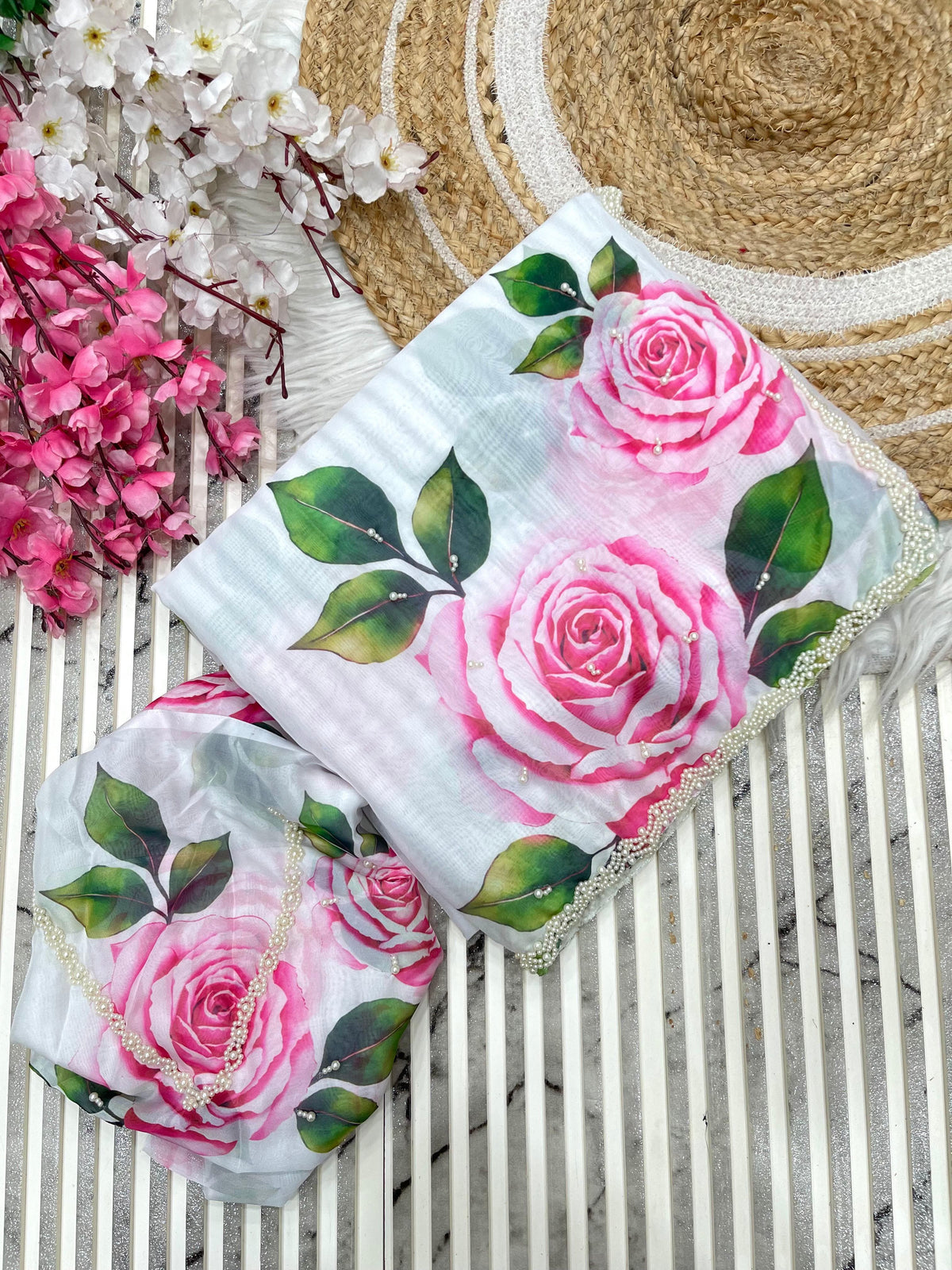 Pure Soft Organza Teby Silk Saree with Floral Prints & Khatli Handwork Border
