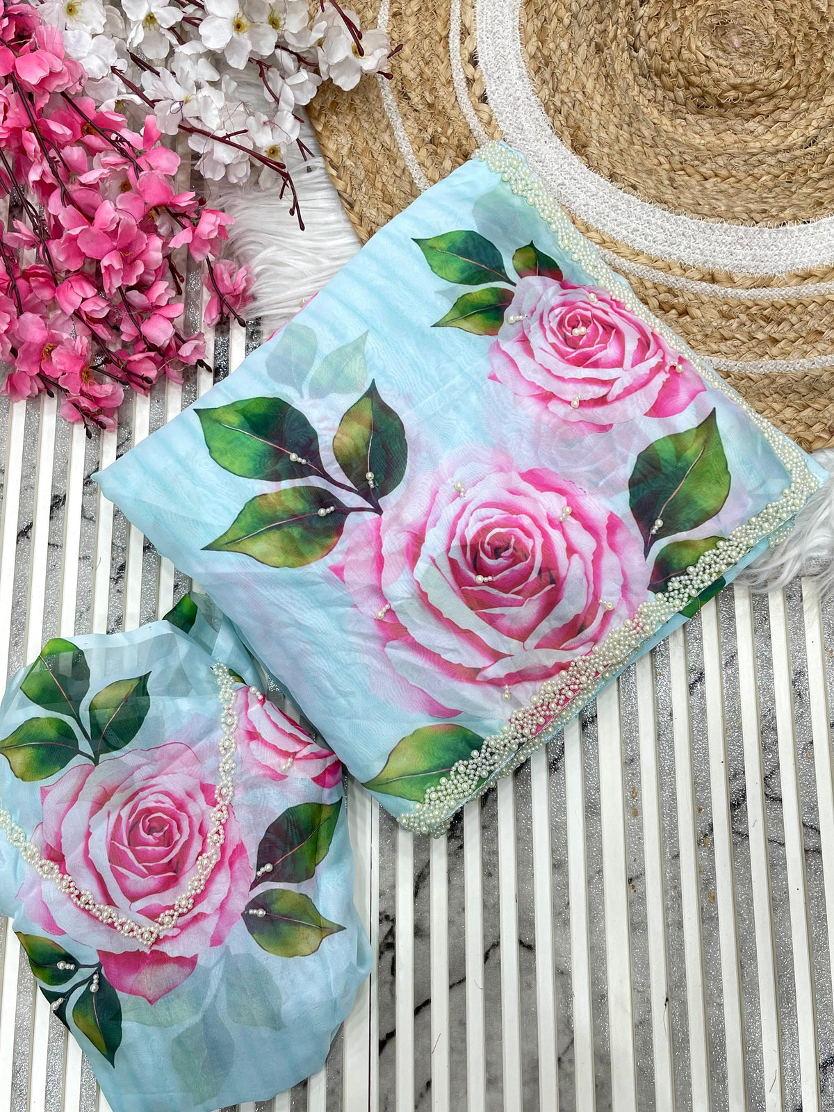 Pure Soft Organza Teby Silk Saree with Floral Prints & Khatli Handwork Border