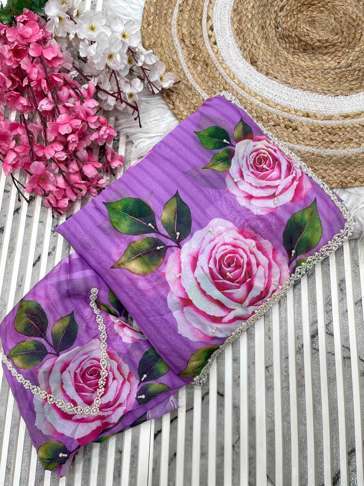 Pure Soft Organza Teby Silk Saree with Floral Prints & Khatli Handwork Border