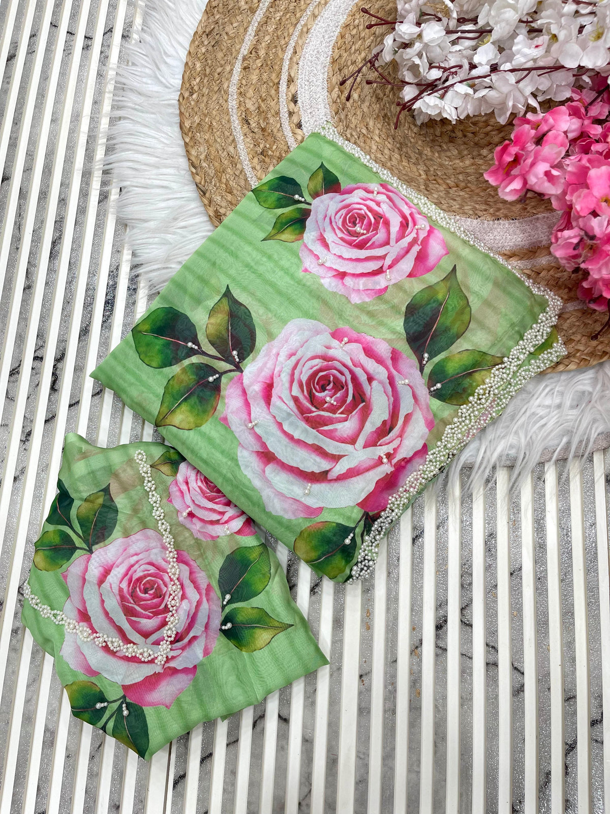 Pure Soft Organza Teby Silk Saree with Floral Prints & Khatli Handwork Border