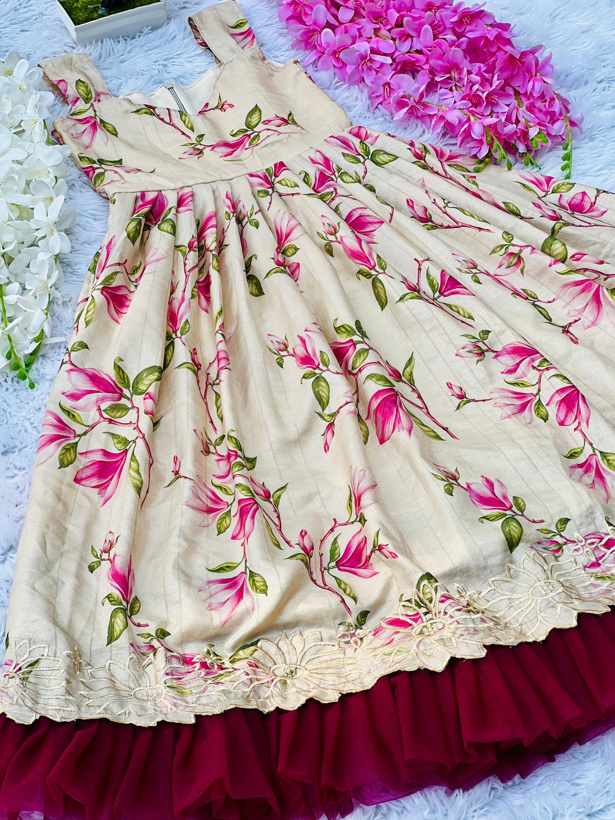 Kids Flower Print Gown – Pure Tussar Silk with Embroidery Cutwork & Net Frill | Party & Festive Wear