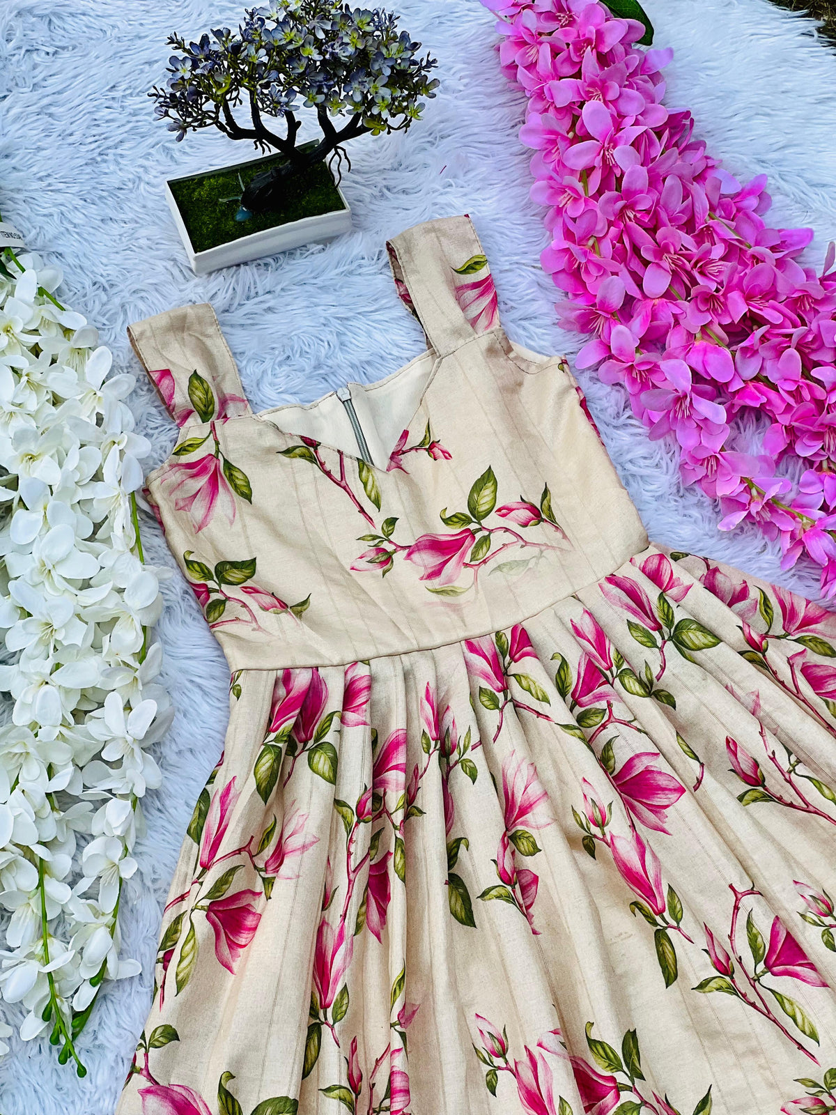 Kids Flower Print Gown – Pure Tussar Silk with Embroidery Cutwork & Net Frill | Party & Festive Wear