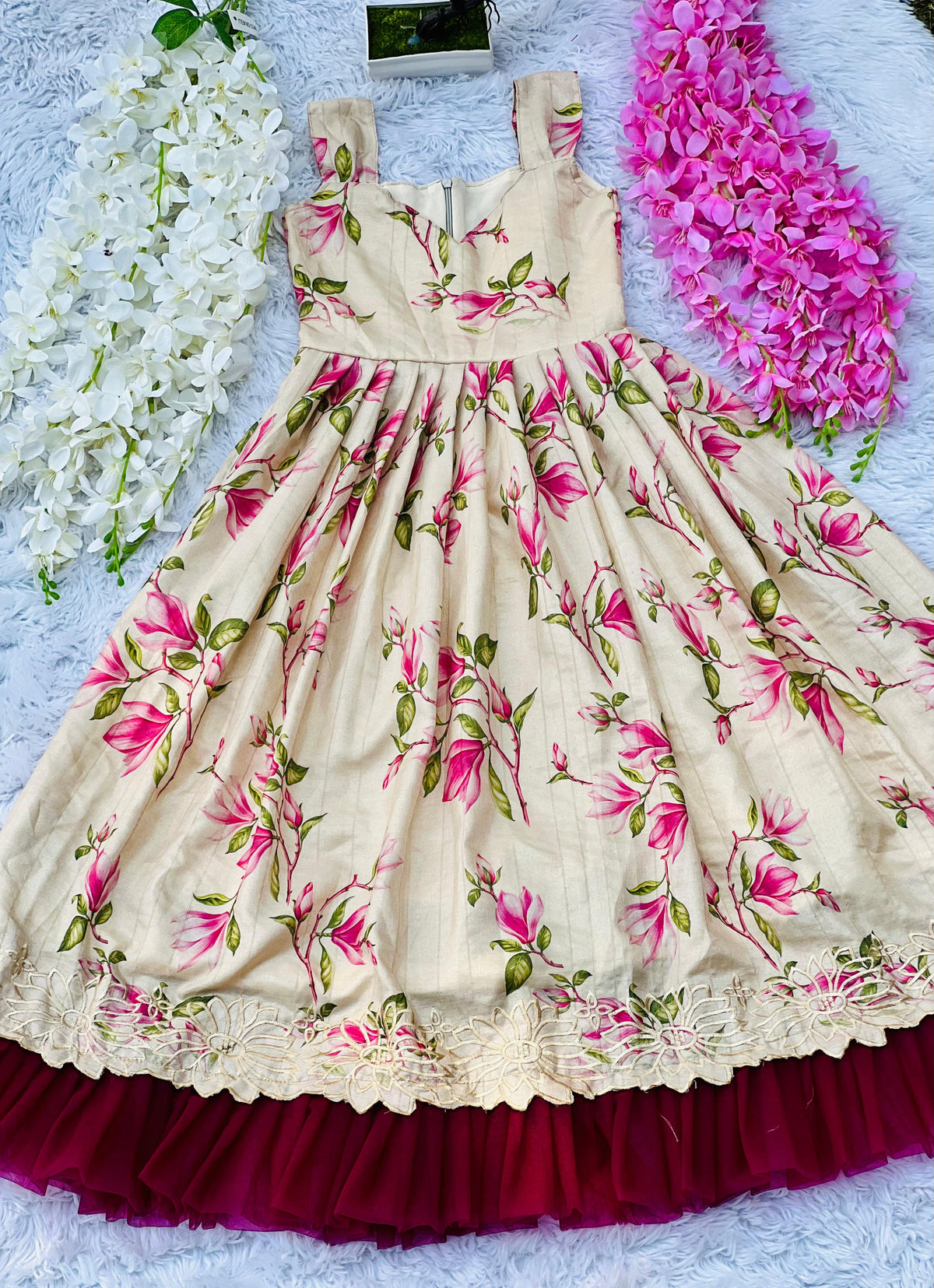 Kids Flower Print Gown – Pure Tussar Silk with Embroidery Cutwork & Net Frill | Party & Festive Wear