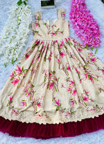 Kids Flower Print Gown – Pure Tussar Silk with Embroidery Cutwork & Net Frill | Party & Festive Wear