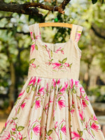 Kids Flower Print Gown – Pure Tussar Silk with Embroidery Cutwork & Net Frill | Party & Festive Wear