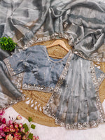 Elegant Burberry Silk Saree with Real Mirror & Embroidery Work