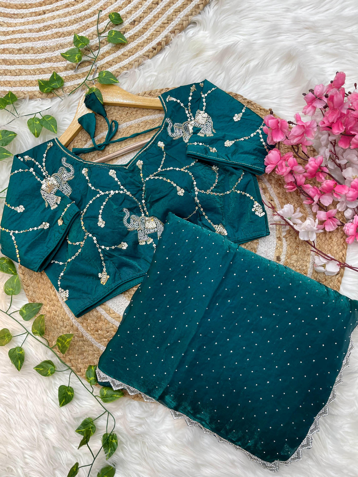 Pure Soft Satin Silk Saree with Heavy Hand Jharkhand Border & Fully Stitched Beads Jhal Blouse