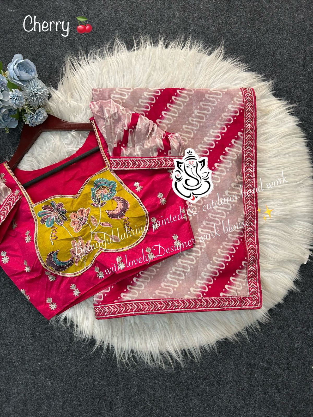 Digital Lahriya Print Chinon Silk Saree with Handwork & Kalamkari Stitched Blouse