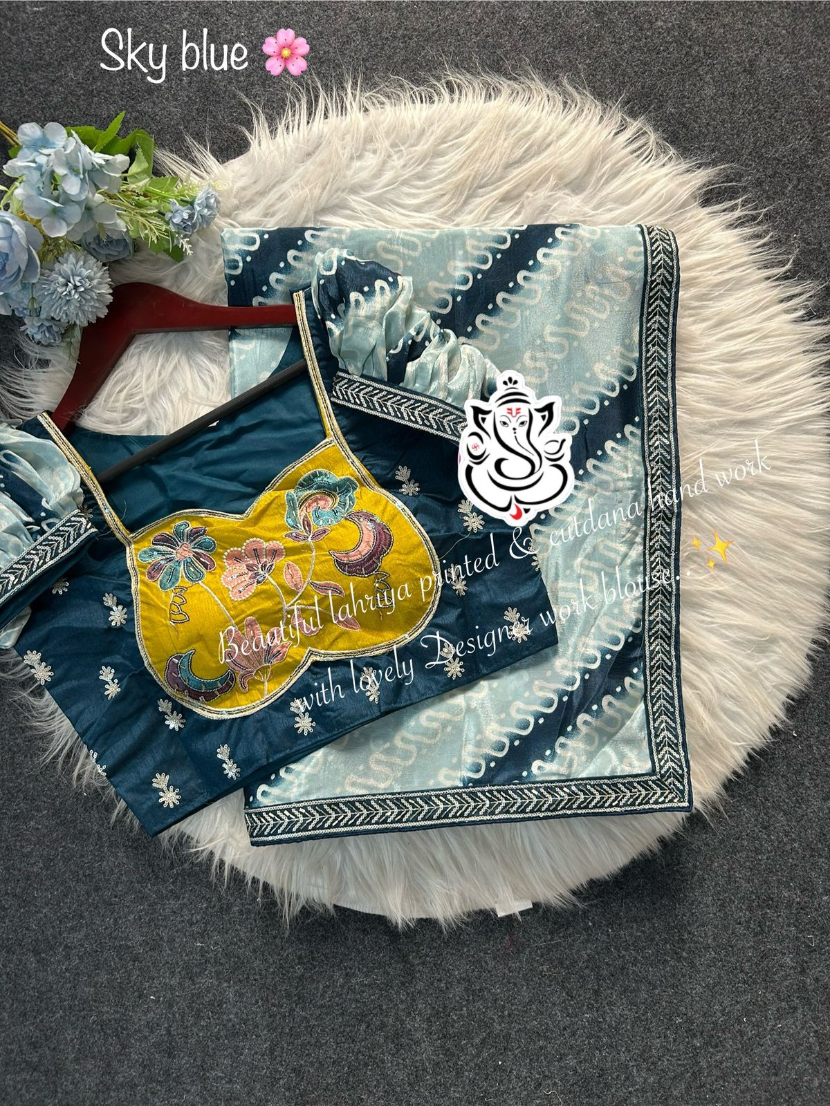 Digital Lahriya Print Chinon Silk Saree with Handwork & Kalamkari Stitched Blouse