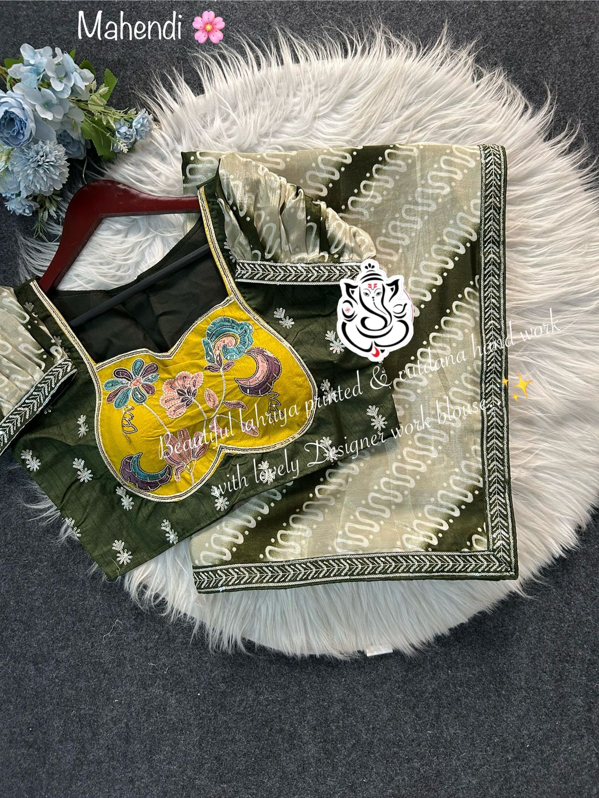Digital Lahriya Print Chinon Silk Saree with Handwork & Kalamkari Stitched Blouse