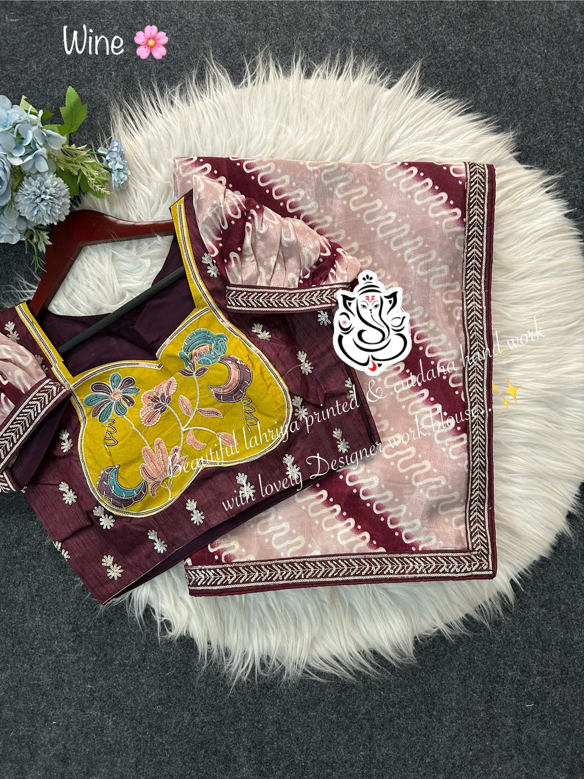 Digital Lahriya Print Chinon Silk Saree with Handwork & Kalamkari Stitched Blouse