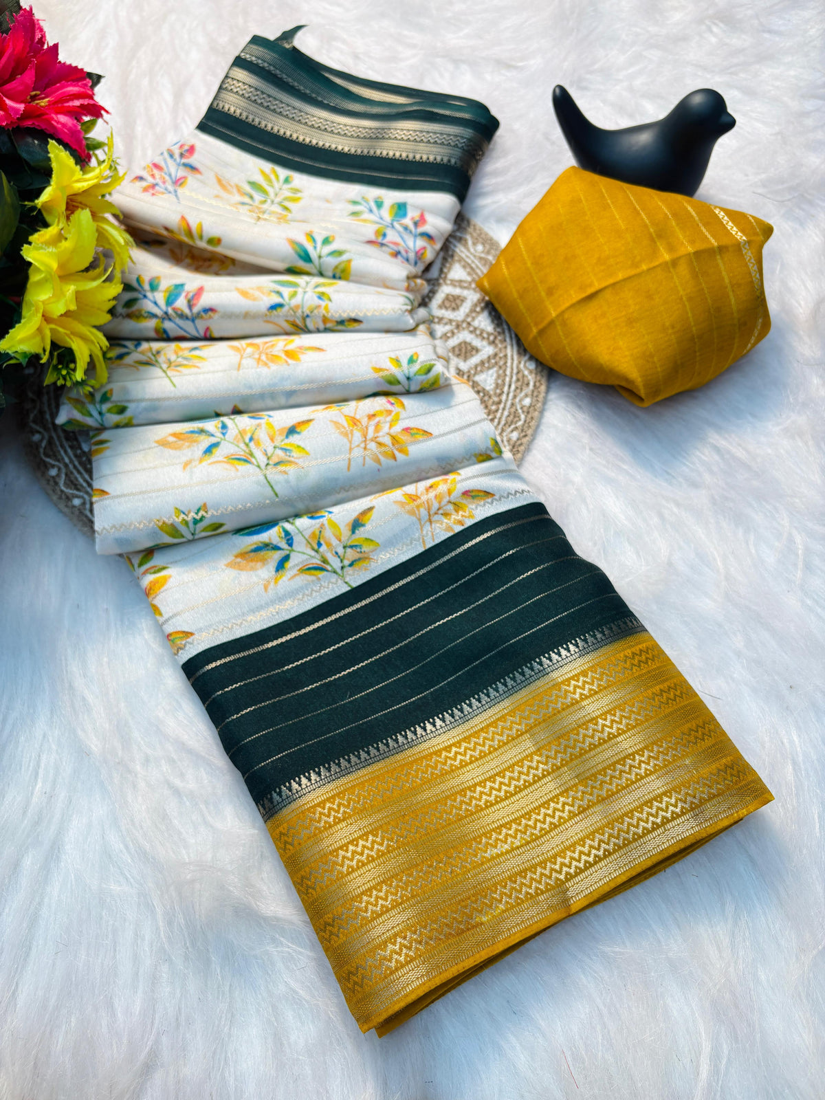 Elegant Dull Moss Jik-Jak Pattern Saree with Matching Blouse – Super Soft Fabric