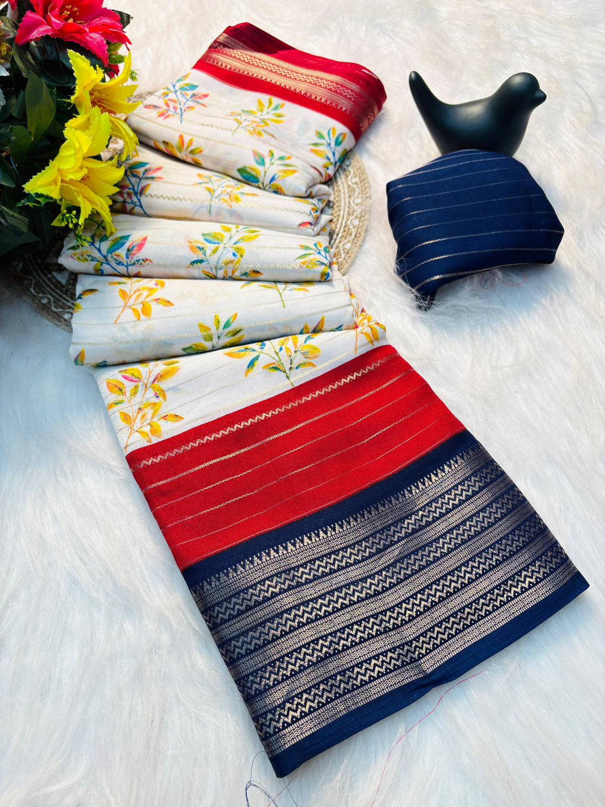 Elegant Dull Moss Jik-Jak Pattern Saree with Matching Blouse – Super Soft Fabric