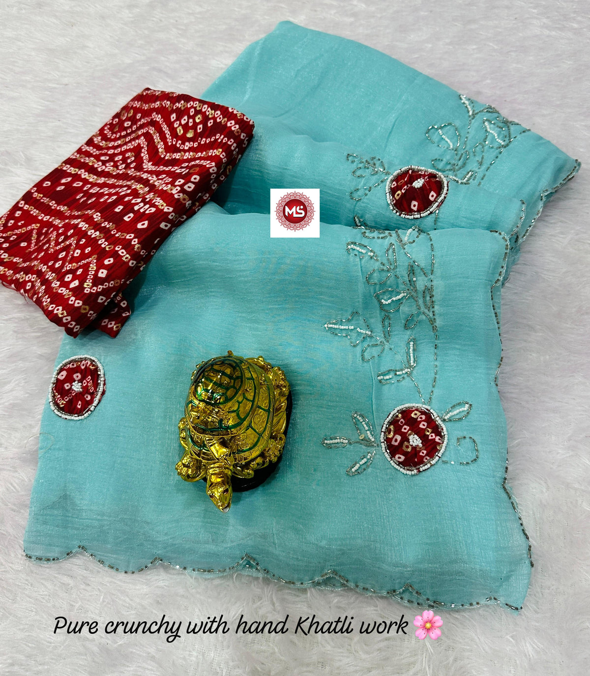 Premium Gold Crunchy Saree with Kutdana, Moti Handwork & Bandhej Blouse