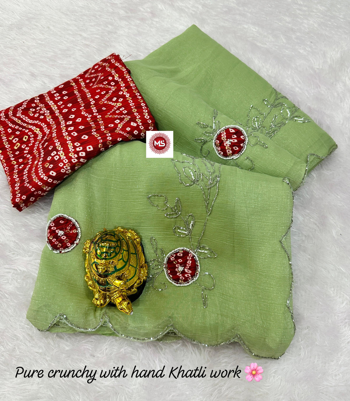 Premium Gold Crunchy Saree with Kutdana, Moti Handwork & Bandhej Blouse
