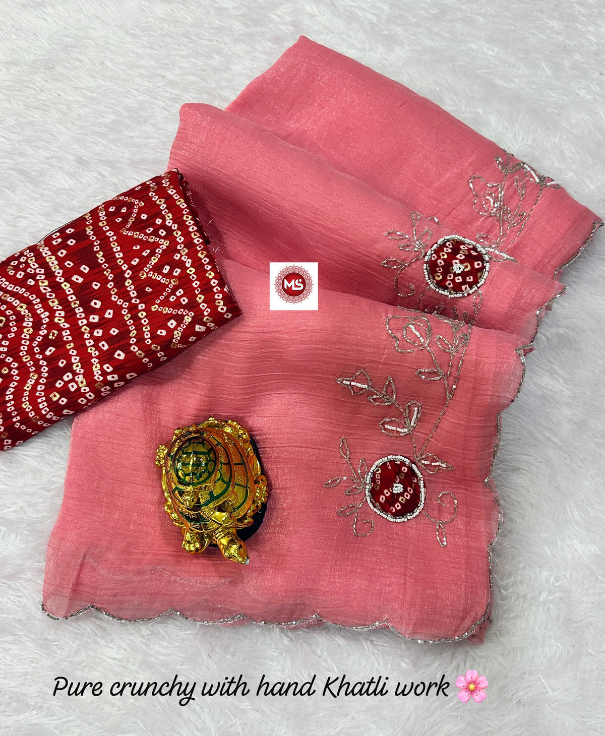 Premium Gold Crunchy Saree with Kutdana, Moti Handwork & Bandhej Blouse
