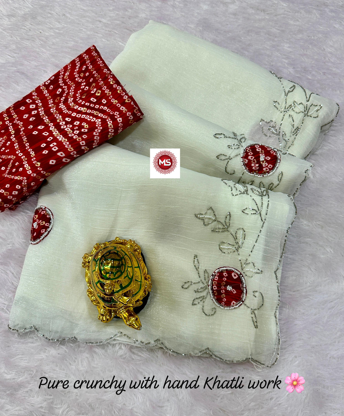 Premium Gold Crunchy Saree with Kutdana, Moti Handwork & Bandhej Blouse