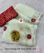 Premium Gold Crunchy Saree with Kutdana, Moti Handwork & Bandhej Blouse