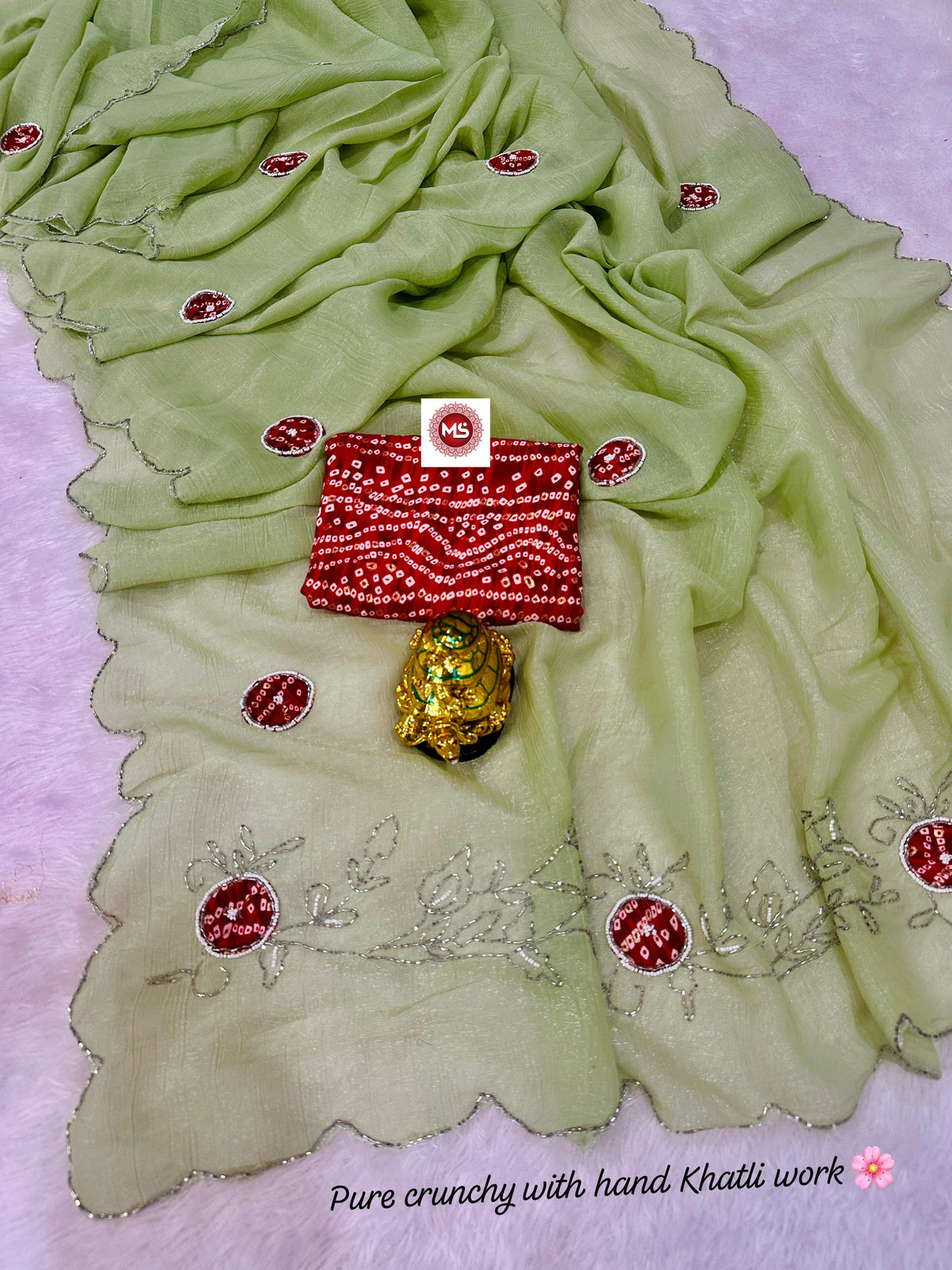 Premium Gold Crunchy Saree with Kutdana, Moti Handwork & Bandhej Blouse