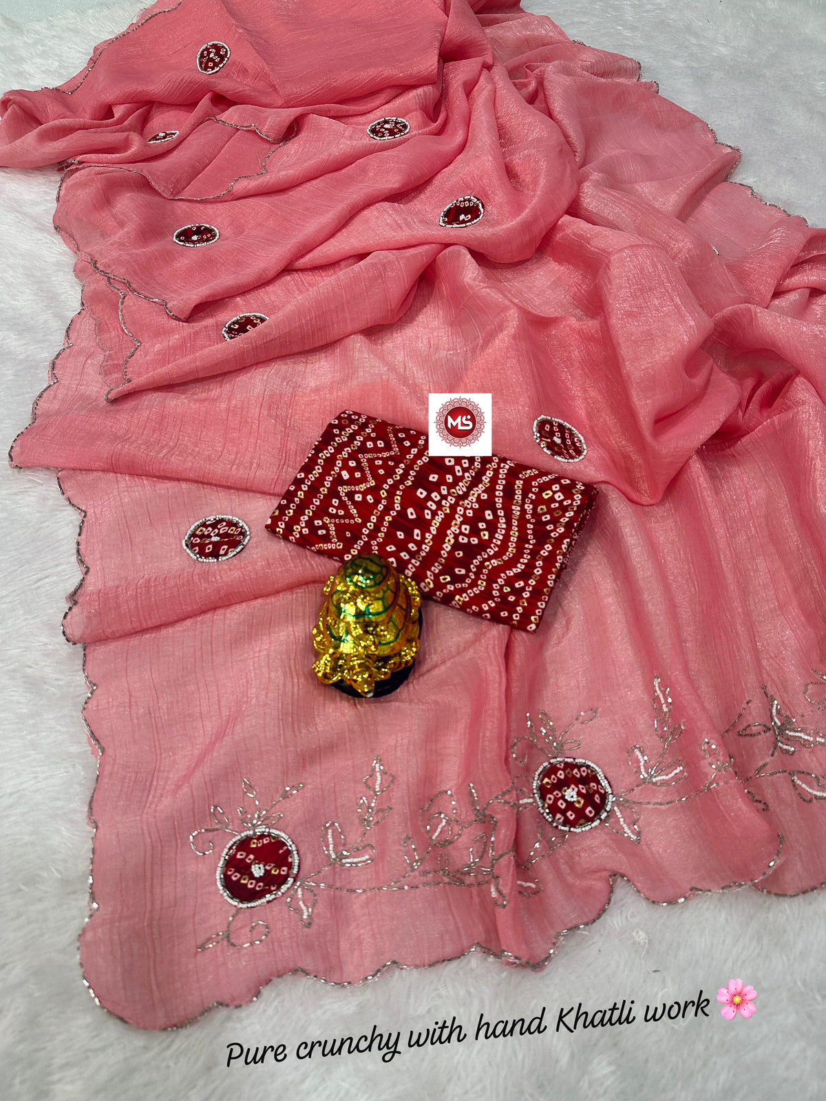 Premium Gold Crunchy Saree with Kutdana, Moti Handwork & Bandhej Blouse