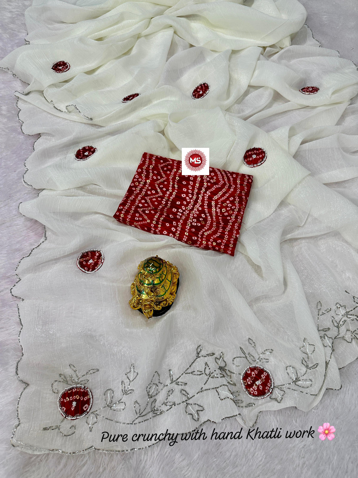 Premium Gold Crunchy Saree with Kutdana, Moti Handwork & Bandhej Blouse