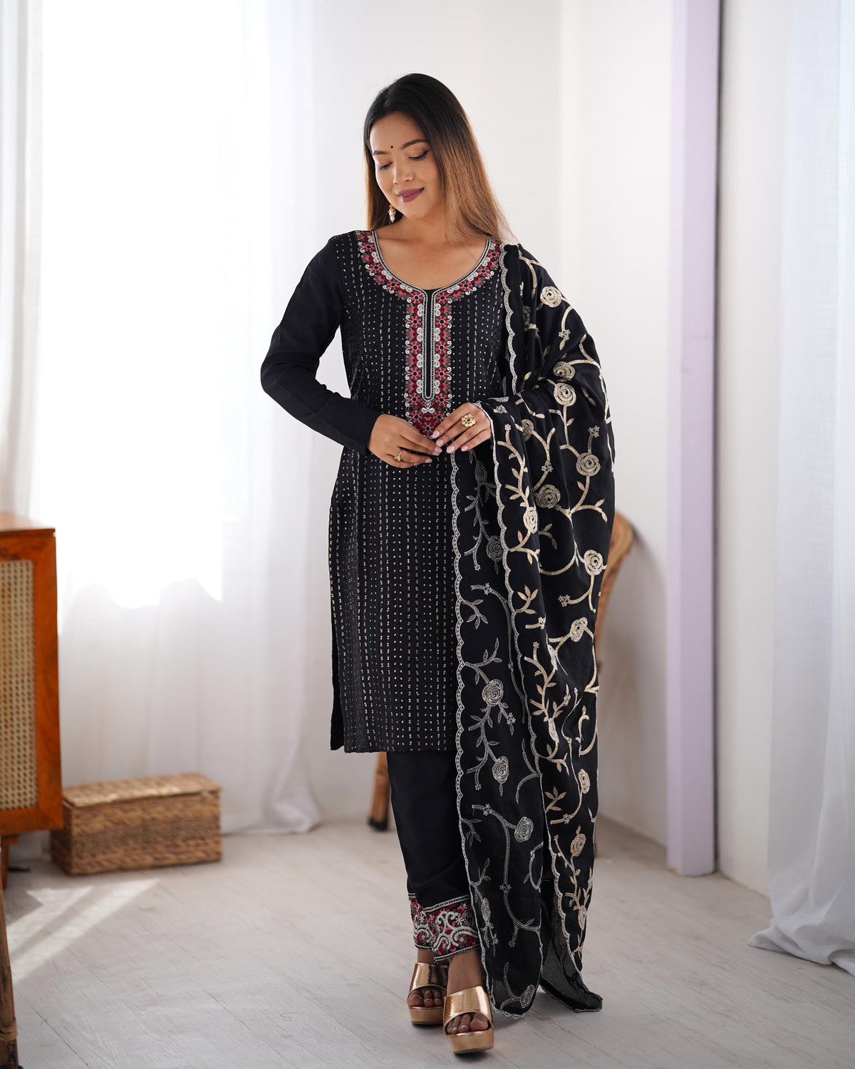 Elegant Chinon Silk 3-Piece Co-ord Set with Thread & Sequin Work