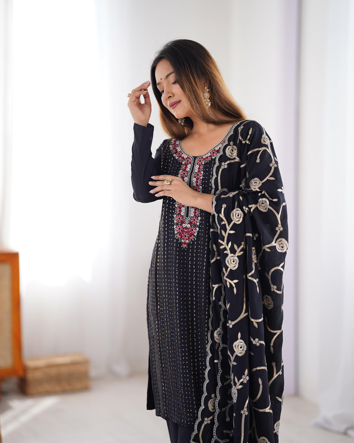 Elegant Chinon Silk 3-Piece Co-ord Set with Thread & Sequin Work
