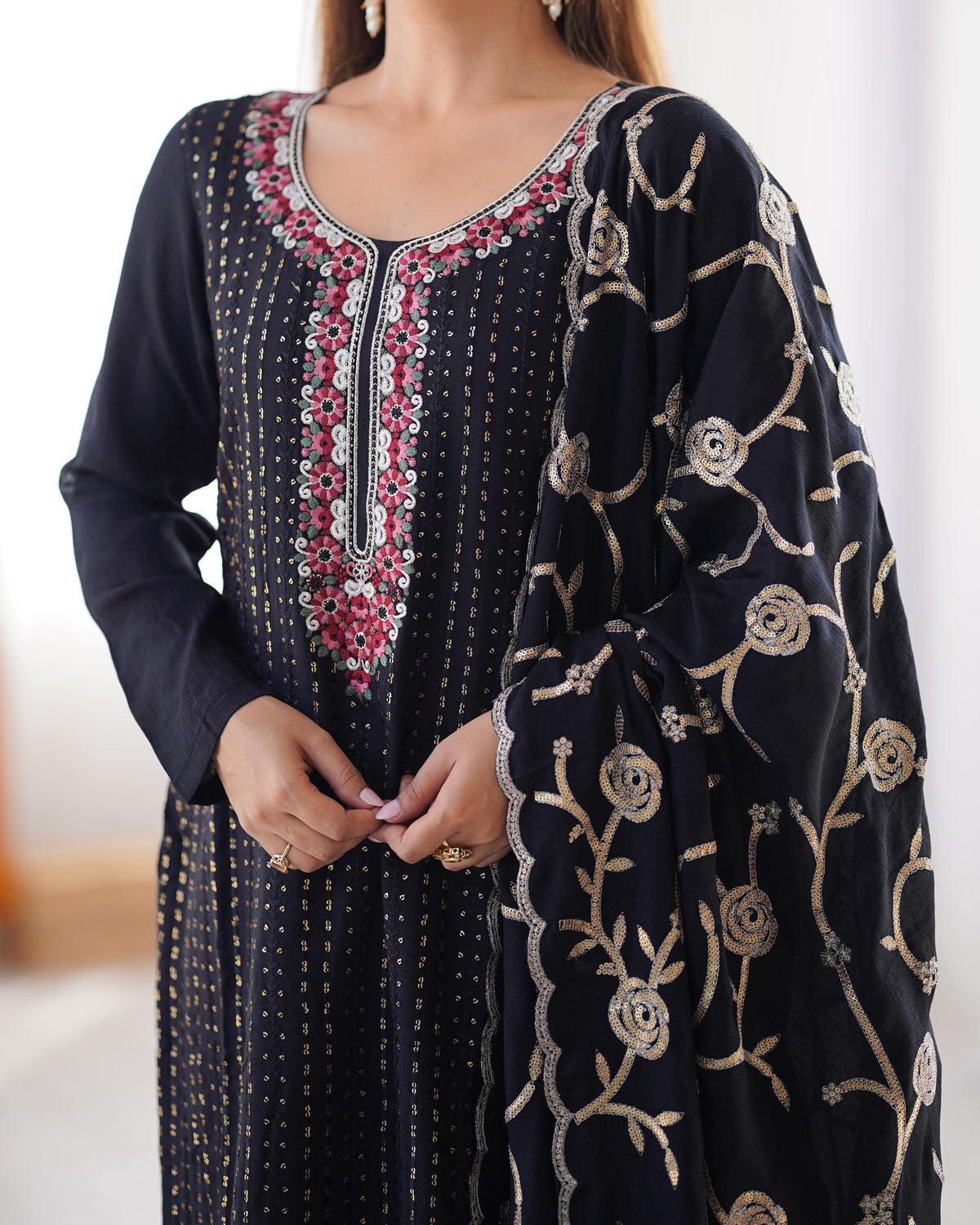 Elegant Chinon Silk 3-Piece Co-ord Set with Thread & Sequin Work