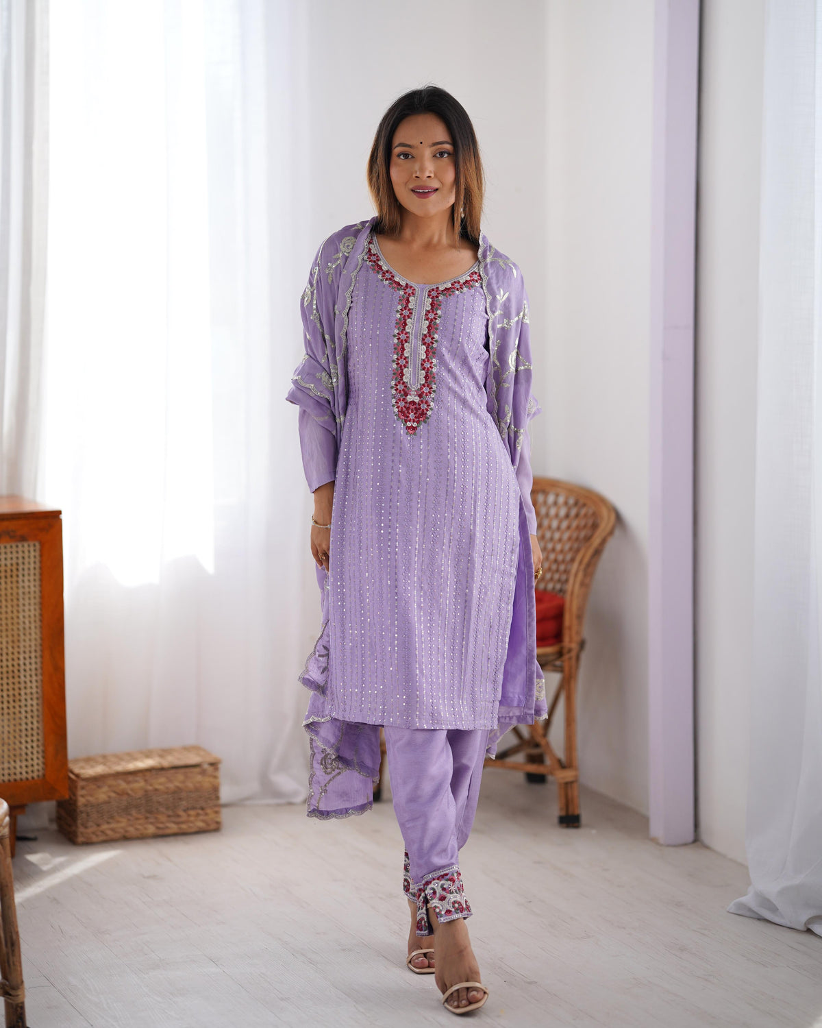 Elegant Chinon Silk 3-Piece Co-ord Set with Thread & Sequin Work