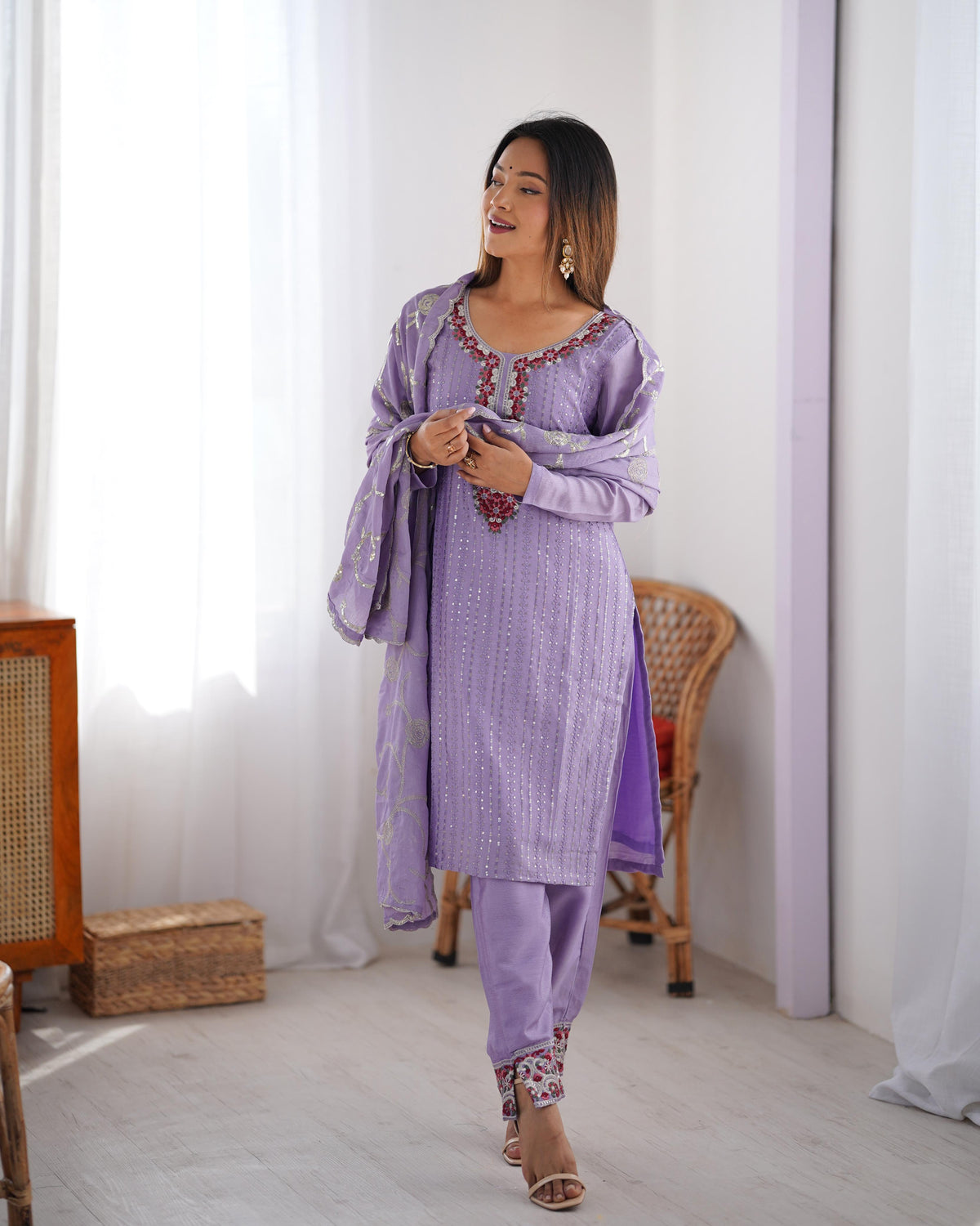 Elegant Chinon Silk 3-Piece Co-ord Set with Thread & Sequin Work