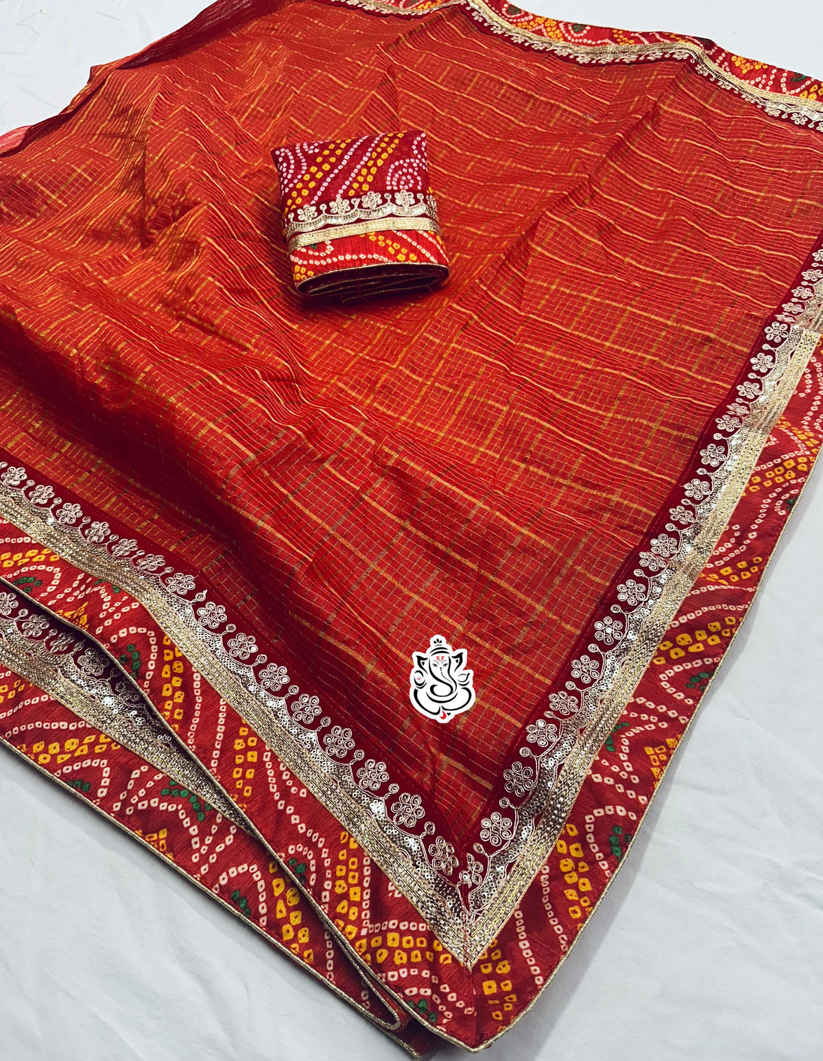 Traditional Bandhej Cotton Silk Saree with Jari Weaving Checks