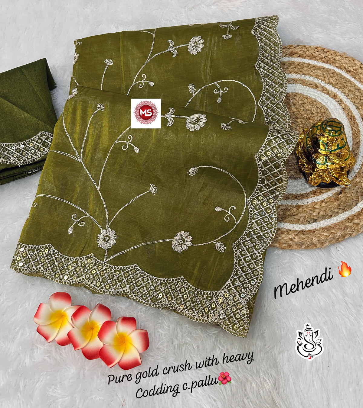 Exclusive Gold Crush Saree with Pitta Codding Zaal & Sequins Work