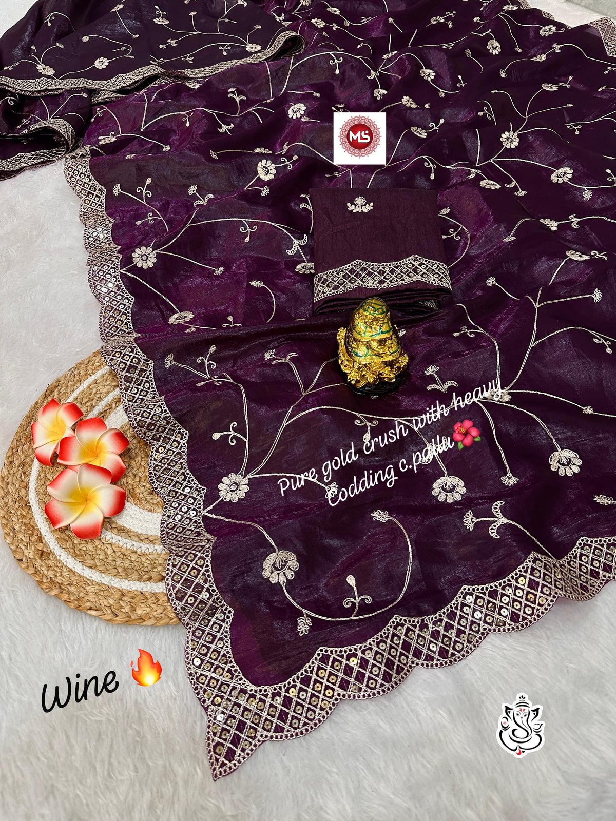 Exclusive Gold Crush Saree with Pitta Codding Zaal & Sequins Work
