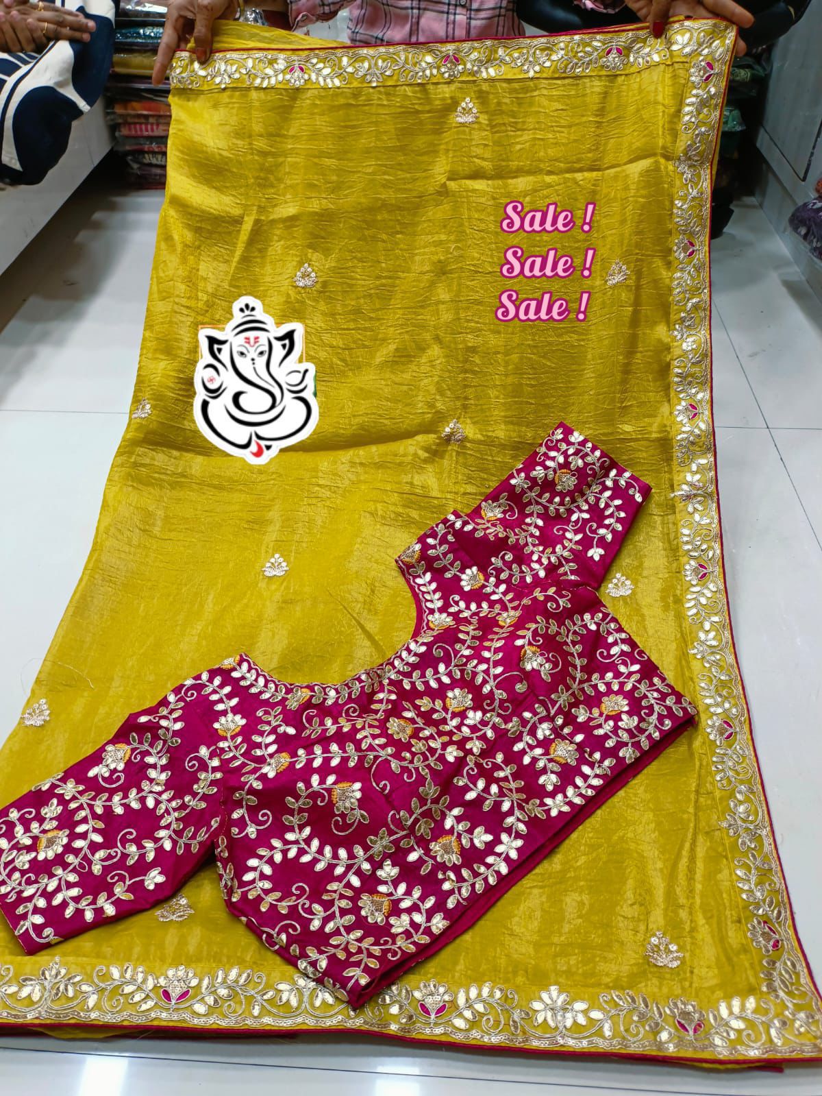 Premium Gold Crush Saree with Rich Gotapatti & Sequence Work + Stitched Blouse