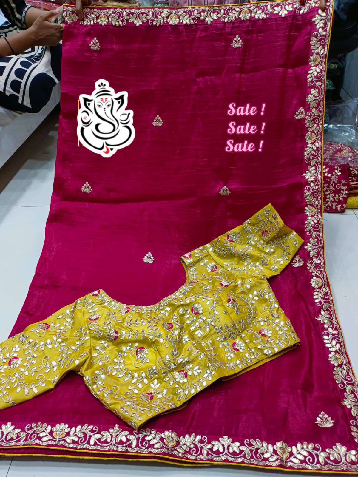 Premium Gold Crush Saree with Rich Gotapatti & Sequence Work + Stitched Blouse
