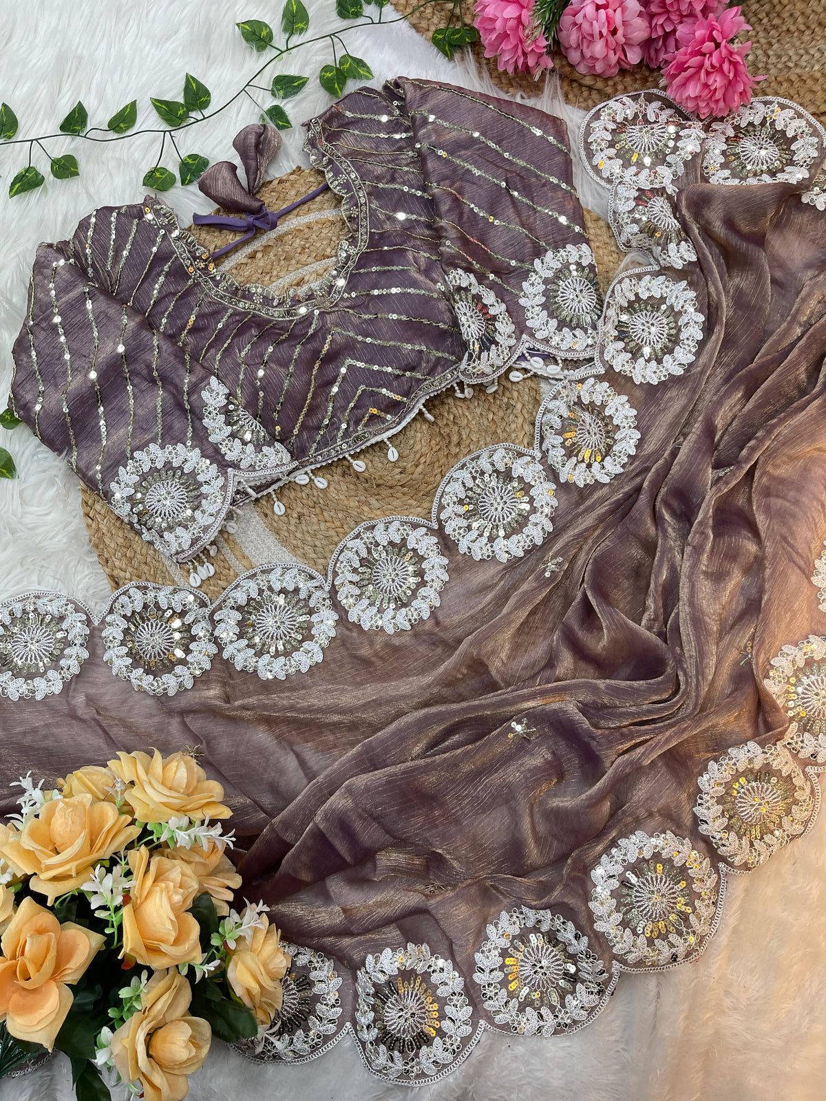 Pure Soft Fendy Chiffon Two-Tone Saree with Embroidery & 7mm Sequins Work
