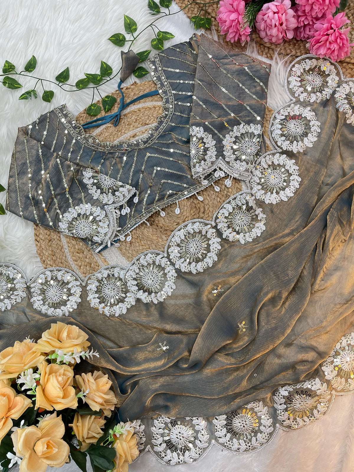 Pure Soft Fendy Chiffon Two-Tone Saree with Embroidery & 7mm Sequins Work
