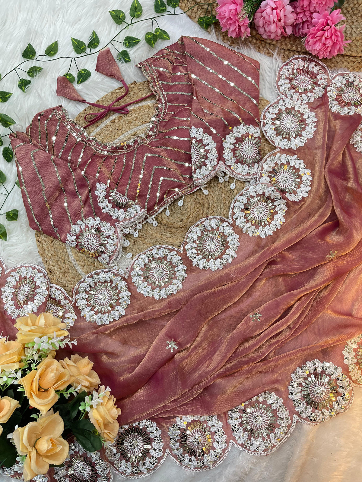 Pure Soft Fendy Chiffon Two-Tone Saree with Embroidery & 7mm Sequins Work