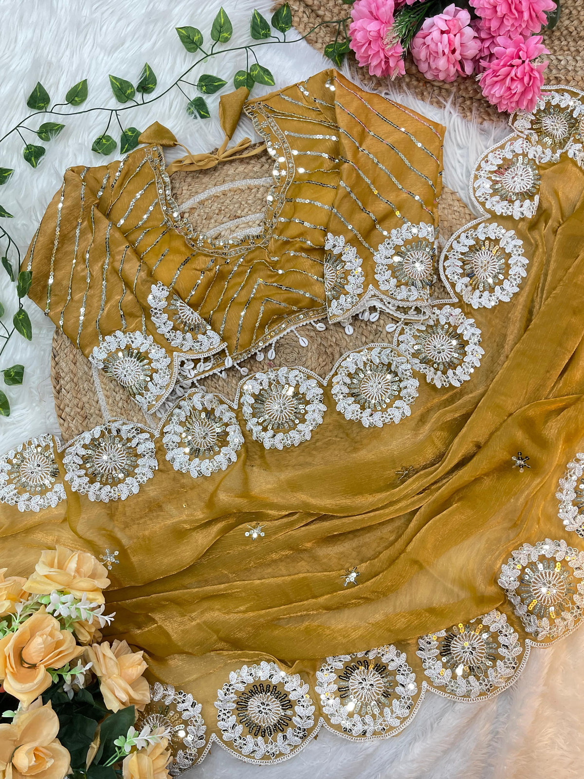 Pure Soft Fendy Chiffon Two-Tone Saree with Embroidery & 7mm Sequins Work