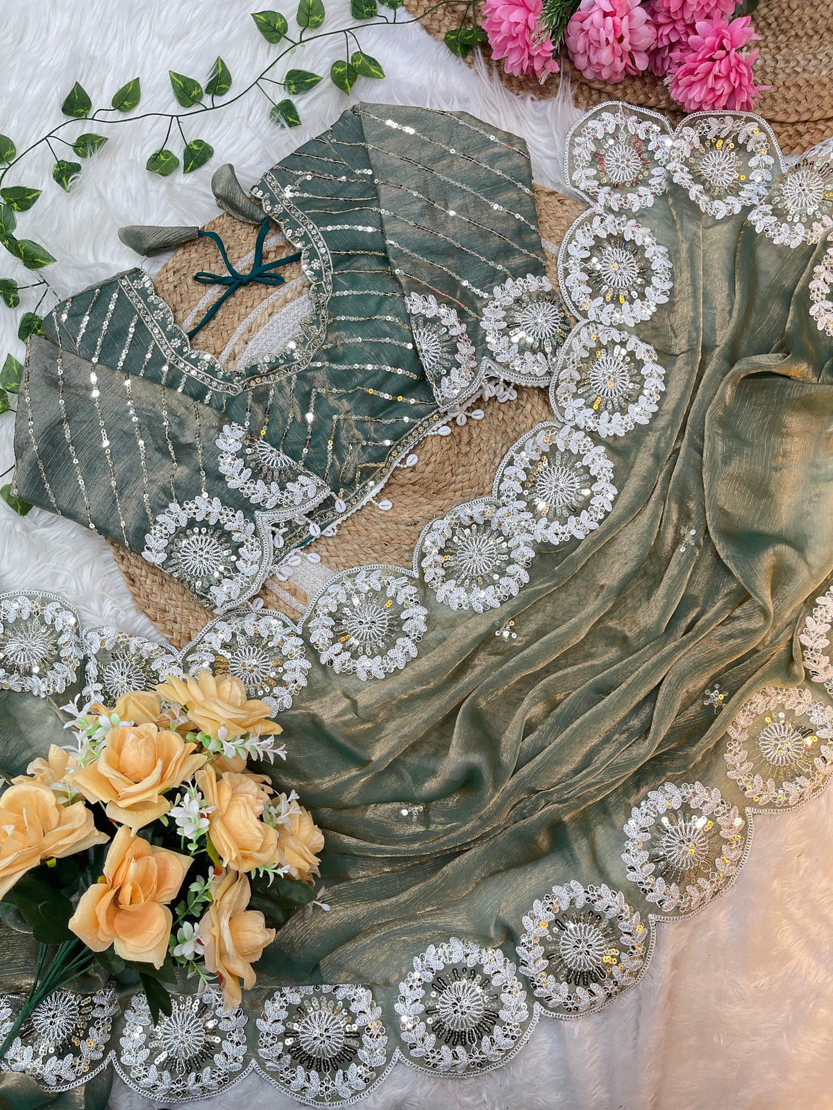 Pure Soft Fendy Chiffon Two-Tone Saree with Embroidery & 7mm Sequins Work