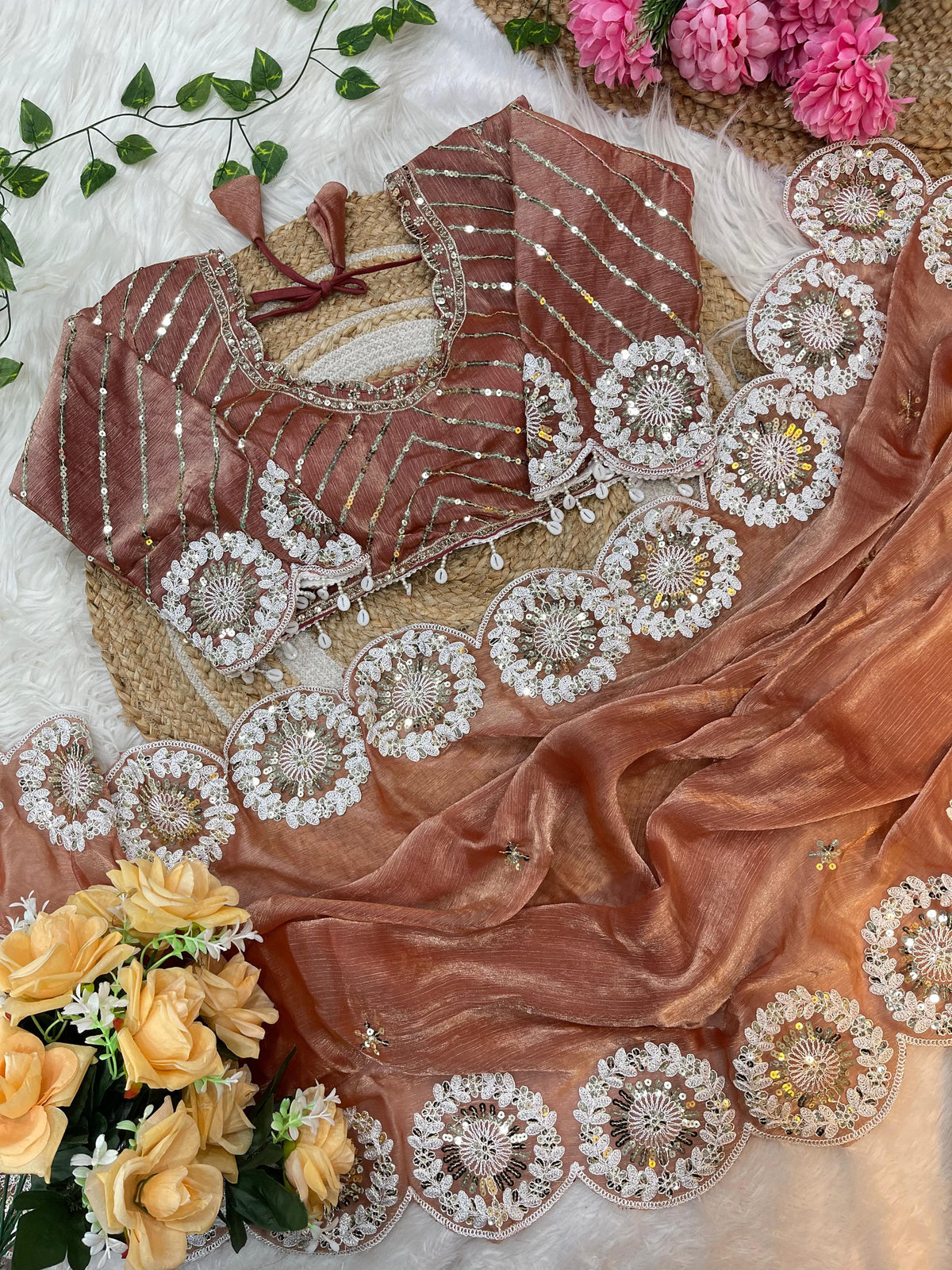 Pure Soft Fendy Chiffon Two-Tone Saree with Embroidery & 7mm Sequins Work