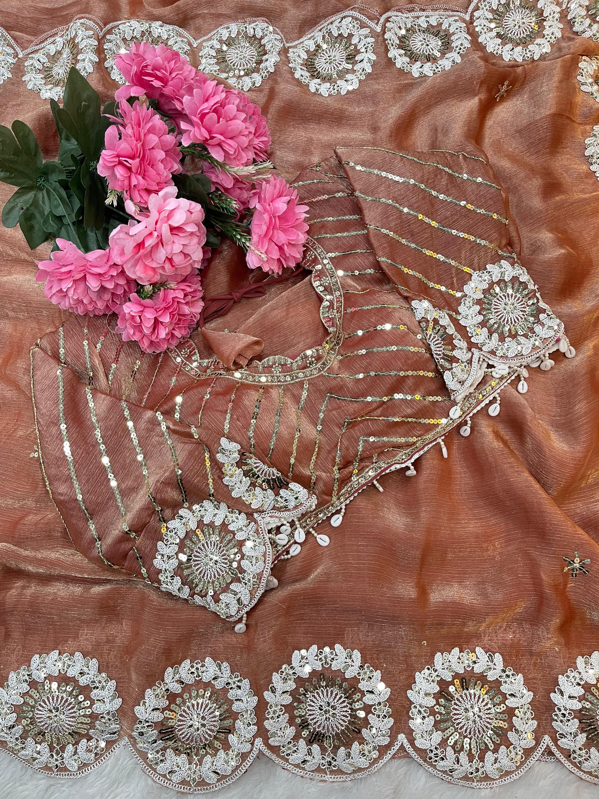 Pure Soft Fendy Chiffon Two-Tone Saree with Embroidery & 7mm Sequins Work